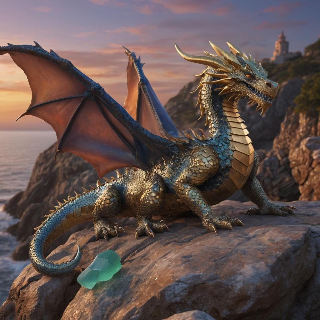 Sea Glass Dragon on Rocky Cliff: Digital Art