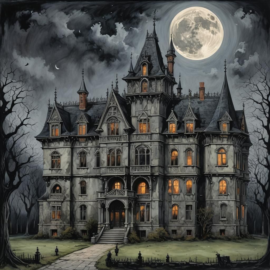 Gothic Mansion Beneath Half-Moon in Detailed Painting
