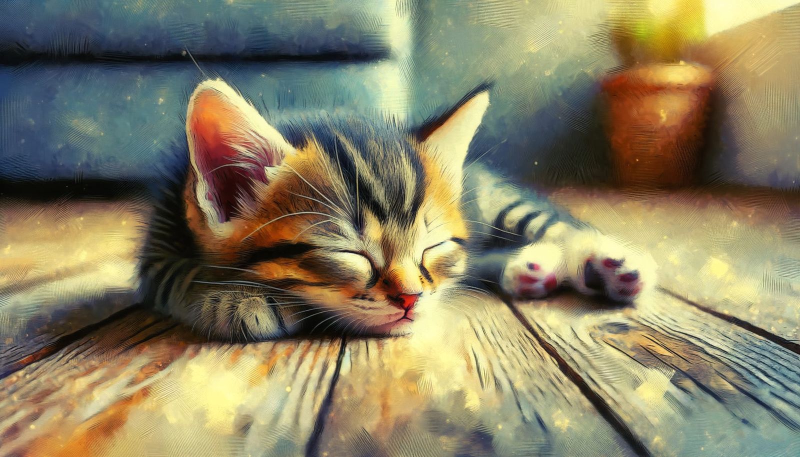 Adorable Kitten Falling Asleep with Painterly Aesthetic