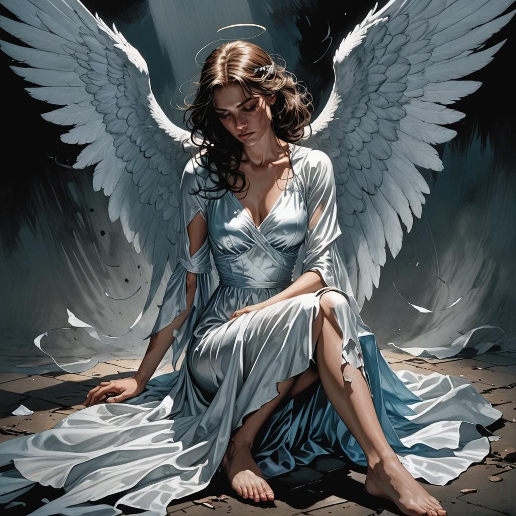 Fallen Angel in White Dress, Comic Book Art