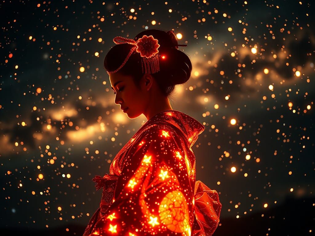 Glowing Geisha Silhouette in Double Exposure Universe