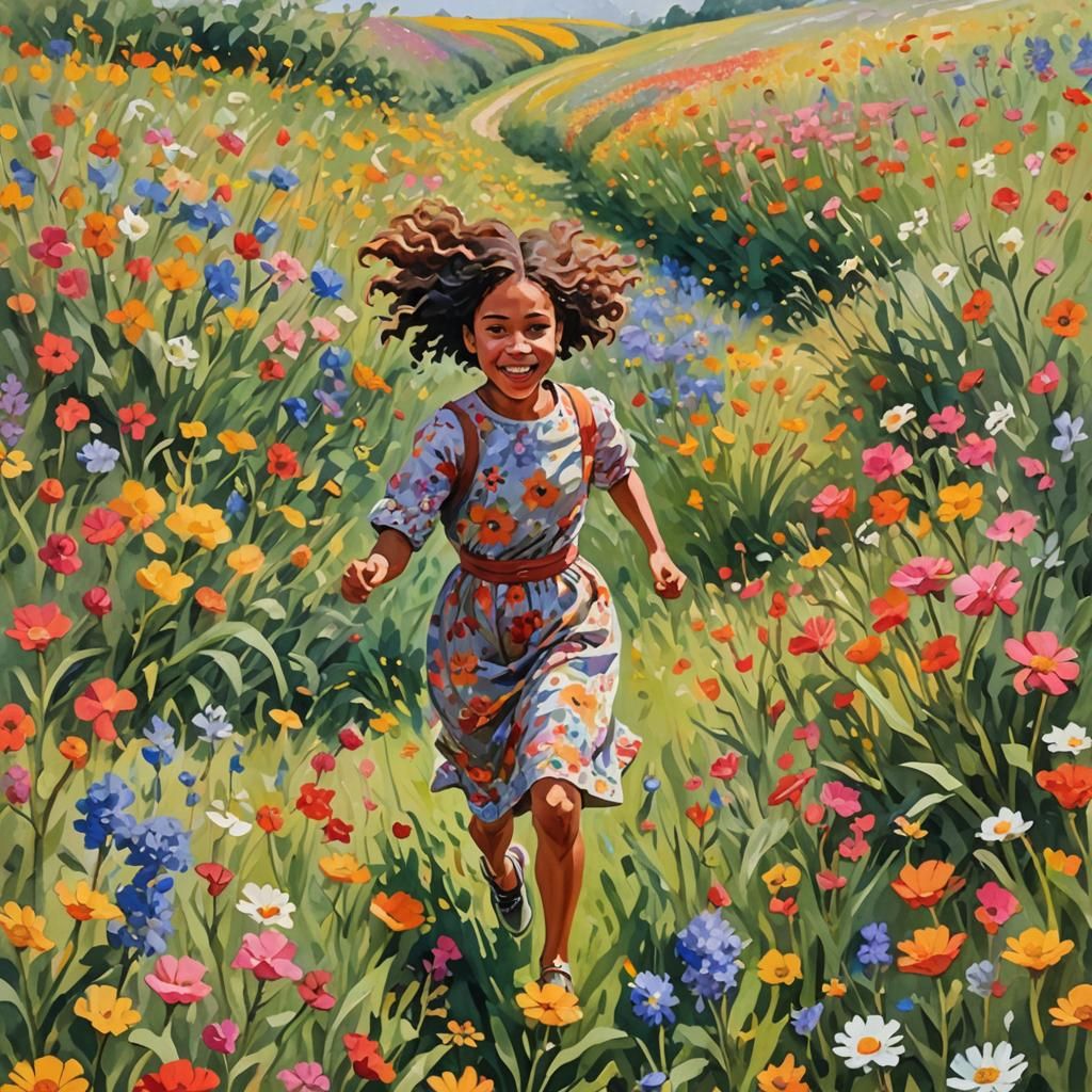 Girl in Flower Field: Gouache Impressionist Style