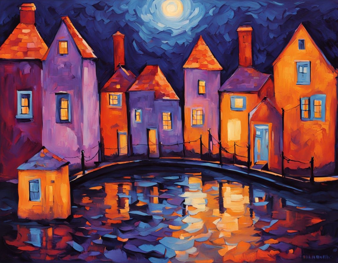 Expressionist Village Under Crescent Moon with Impasto Strok...