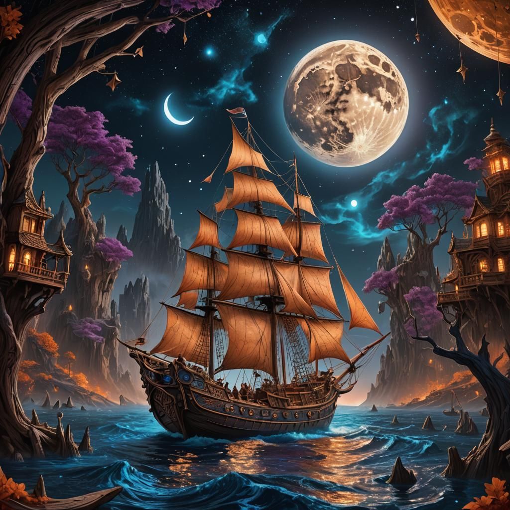 Intricate Boat Sails on Moon in Fantasy Art