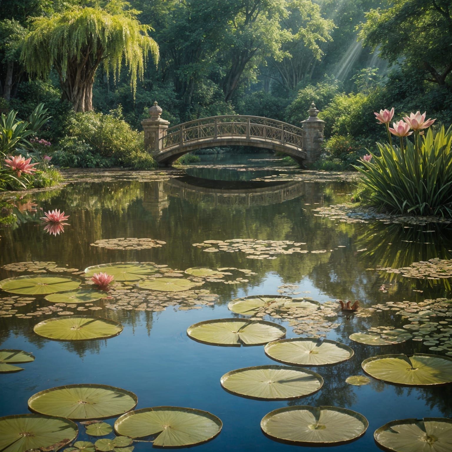 Dreamlike Wattwrfal and Pond Gardens in Whimsical Oil Painti...