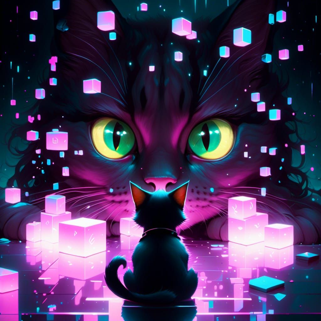 Anime Cat Portrait with Glowing Cubes
