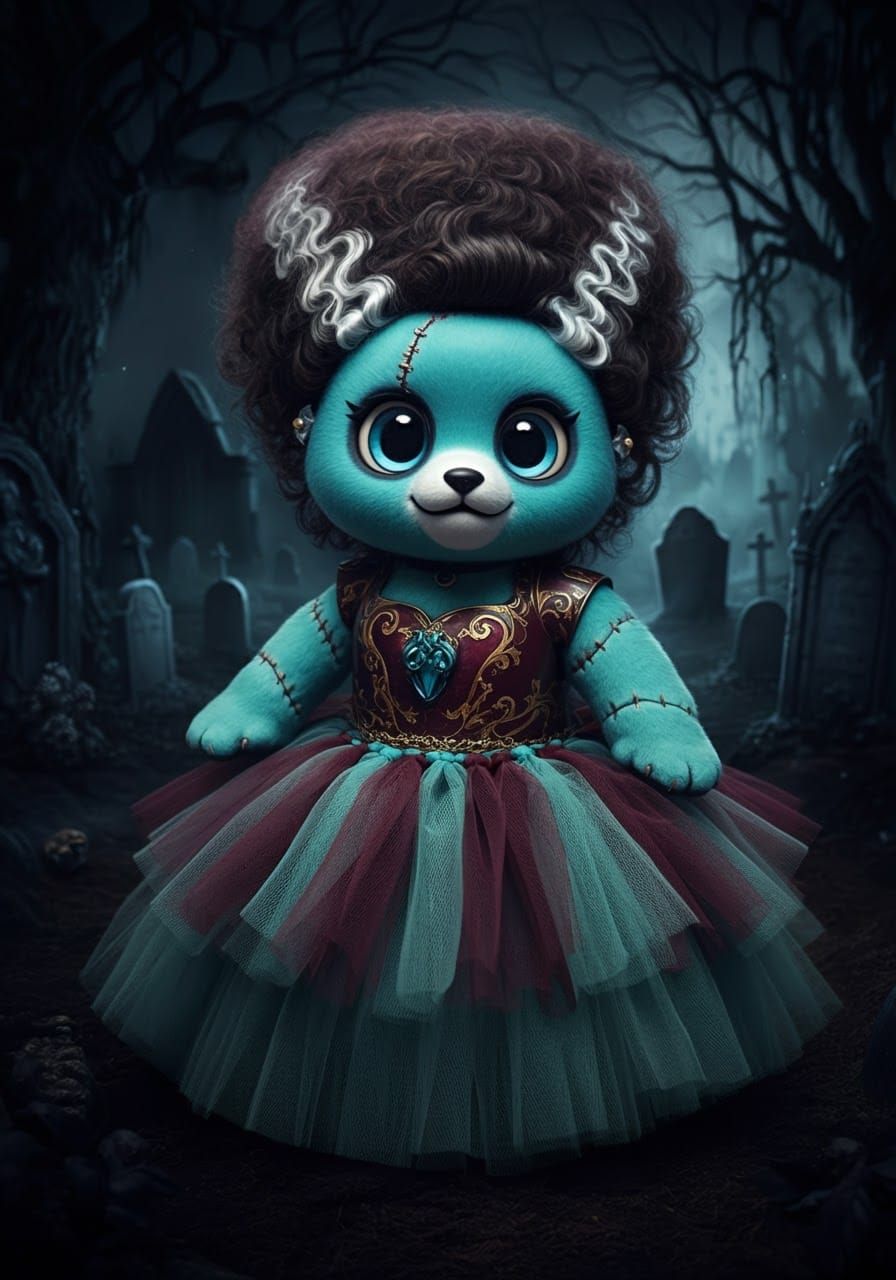 Fluffy Bride of Frankenstein in Graveyard Setting