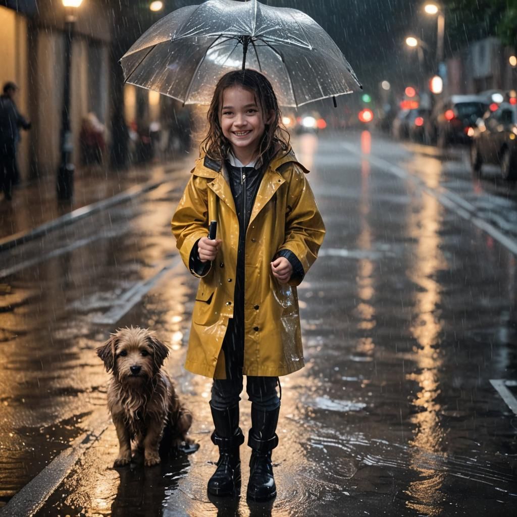Girl and Dog Enjoying Rainy Weather