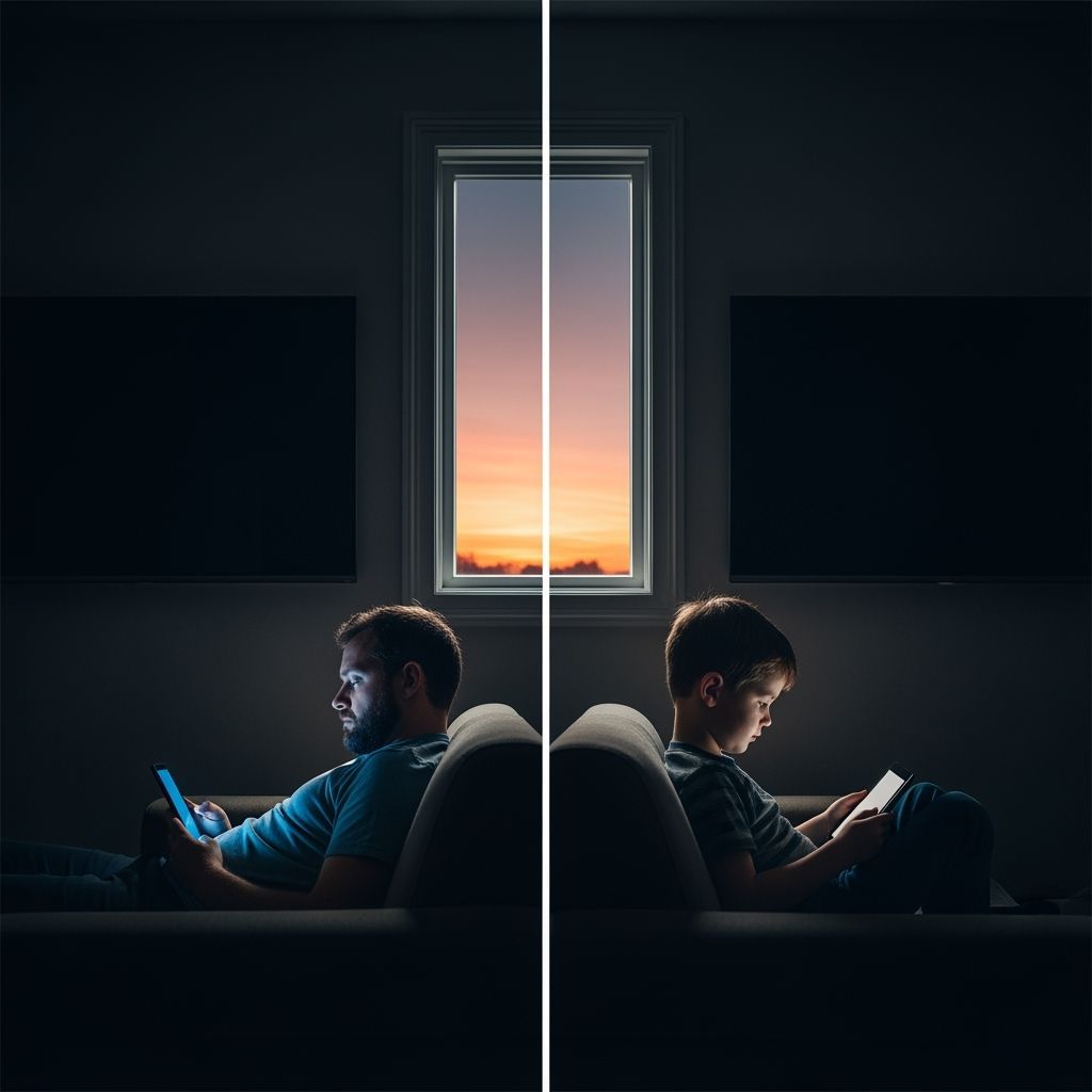 Father and Son Isolated by Screens, Moody Cinematic Style