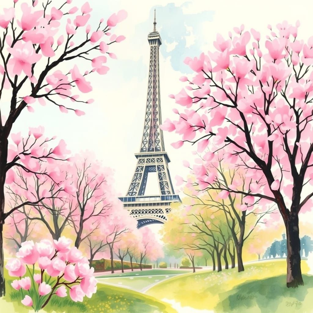 Eiffel Tower in Spring: Impressionistic Watercolor Painting