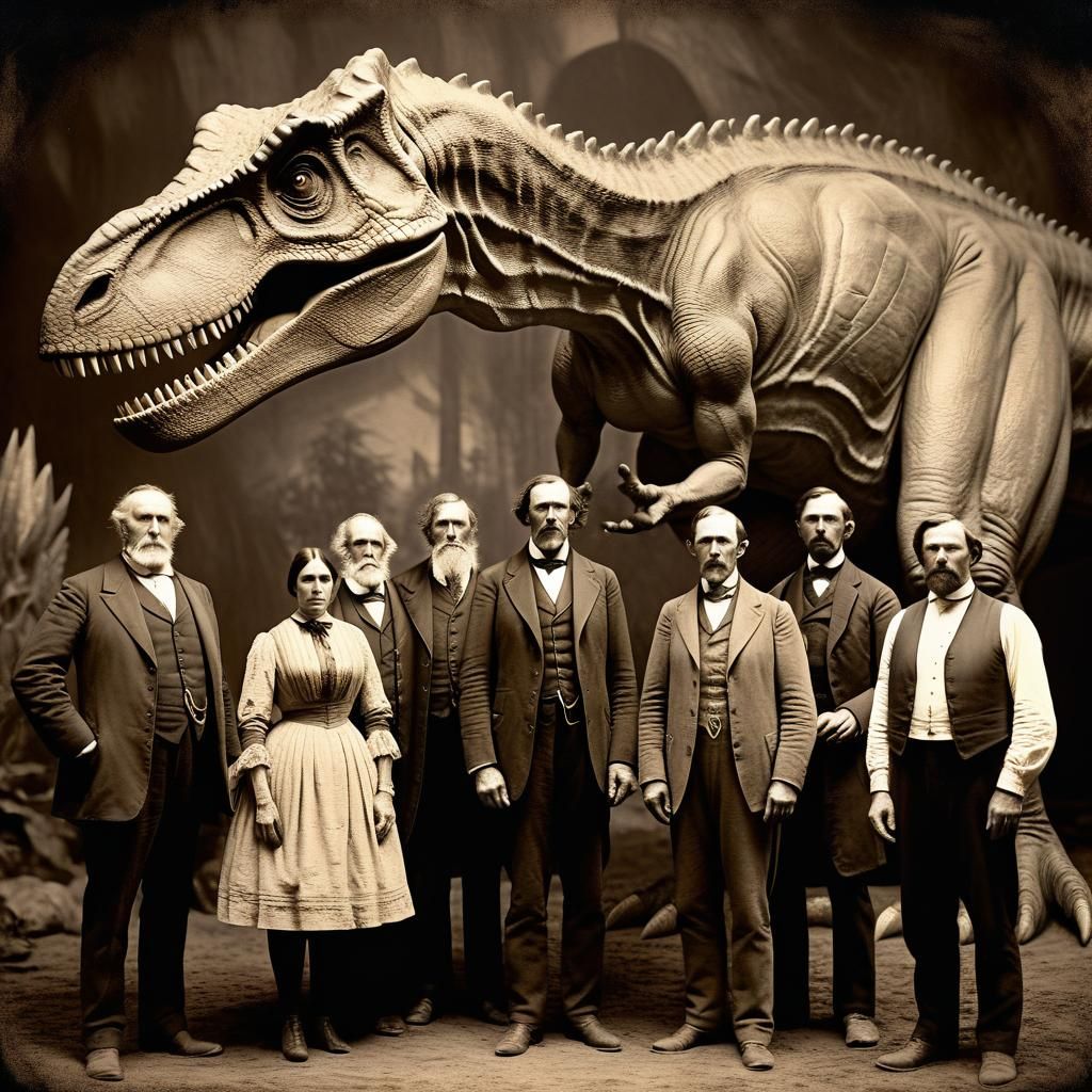 Settlers Pose with Dinosaur in Sepia Daguerreotype