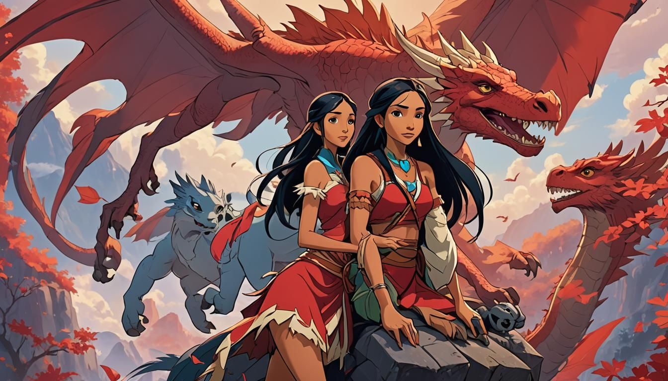 Pocahontas and Dragon in Anime Style