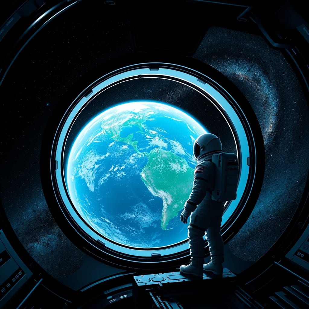 Astronaut Contemplates Earth from Futuristic Spaceship