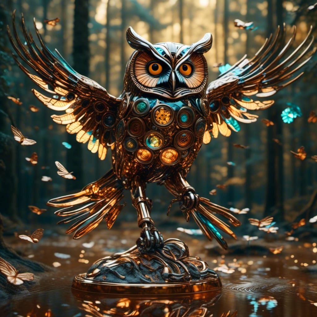 Chrome Owl Robot Flies Through Forest