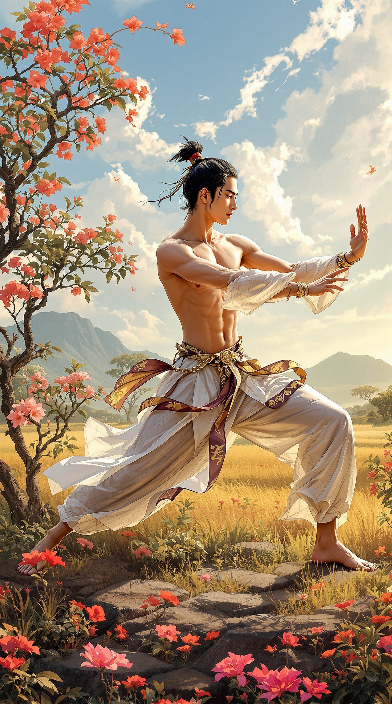 Asian Man Practicing Tai Chi in Indian Countryside