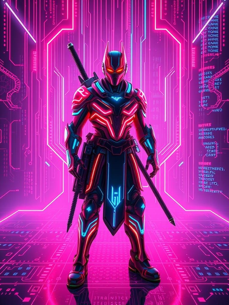 Neon-Lit Samurai in a Cyberpunk Grid