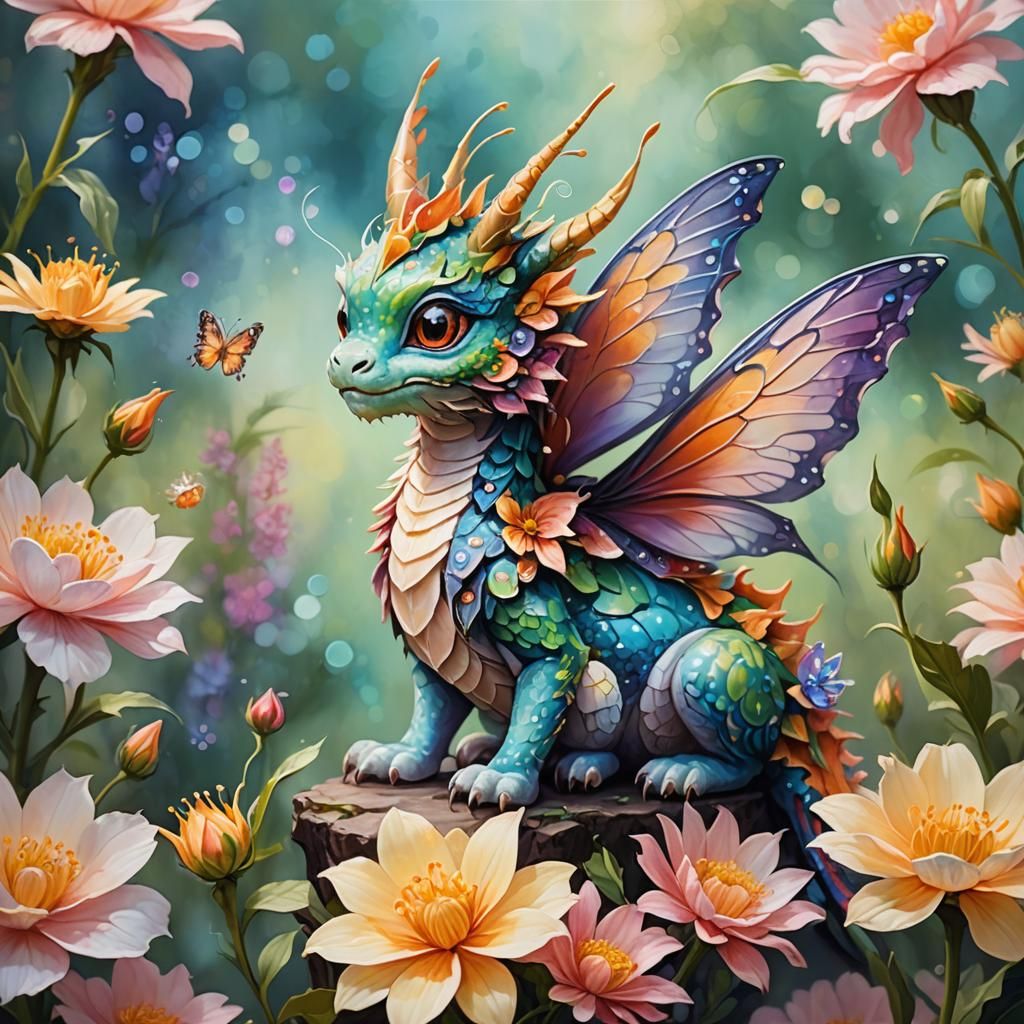 Charming Butterfly Dragon on Flower in Oil Painting
