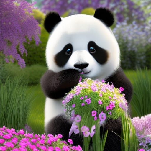 Cute Panda in Fantasy Garden with Flowers