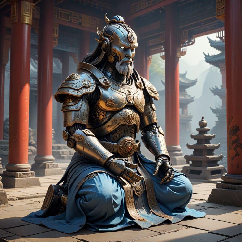 Cyberpunk Monk in Ancient Temple