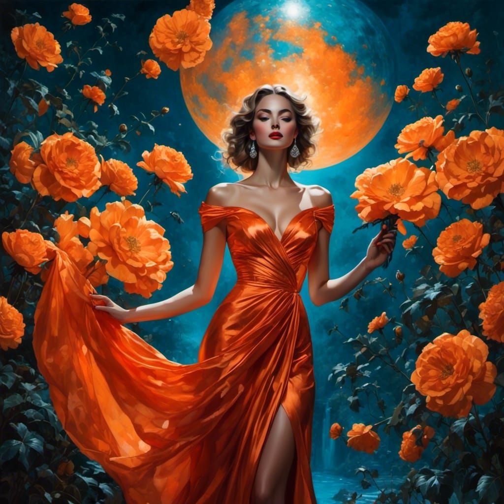 Woman in Orange Dress Under Cyan Moonlight
