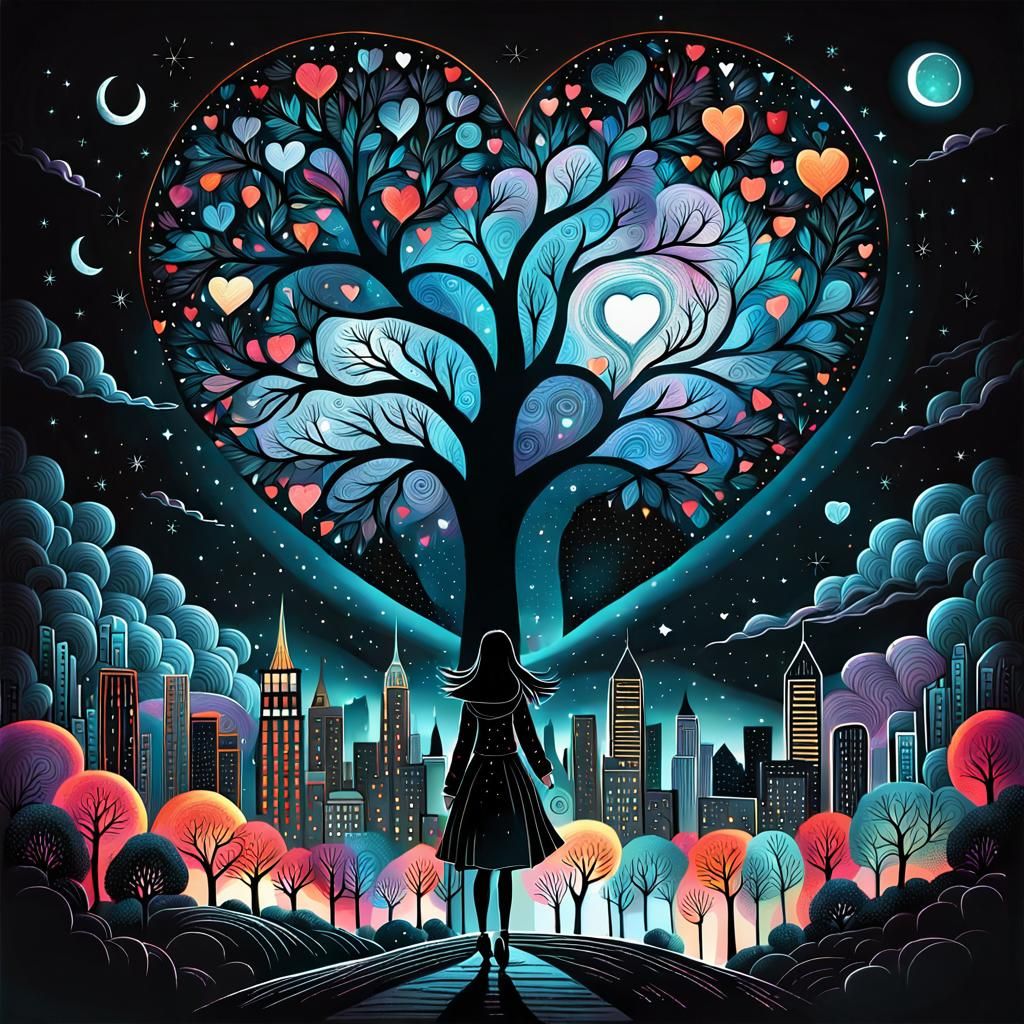 Night City Girl: Detailed Folk Art Drawing