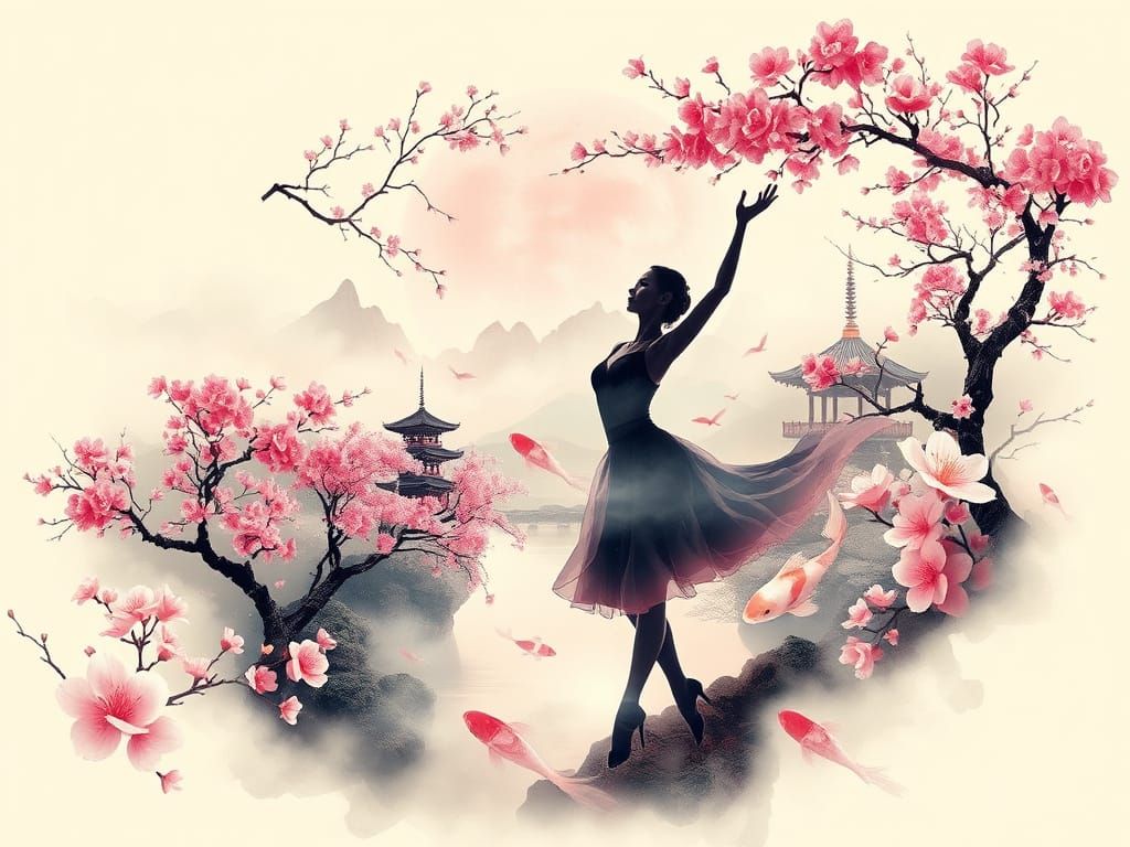 Double Exposure: Dancer and Cherry Blossom Landscape