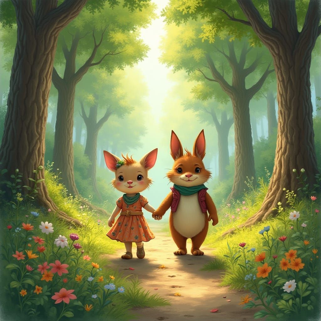 Luna and Rex in Vibrant Forest, Storybook Illustration