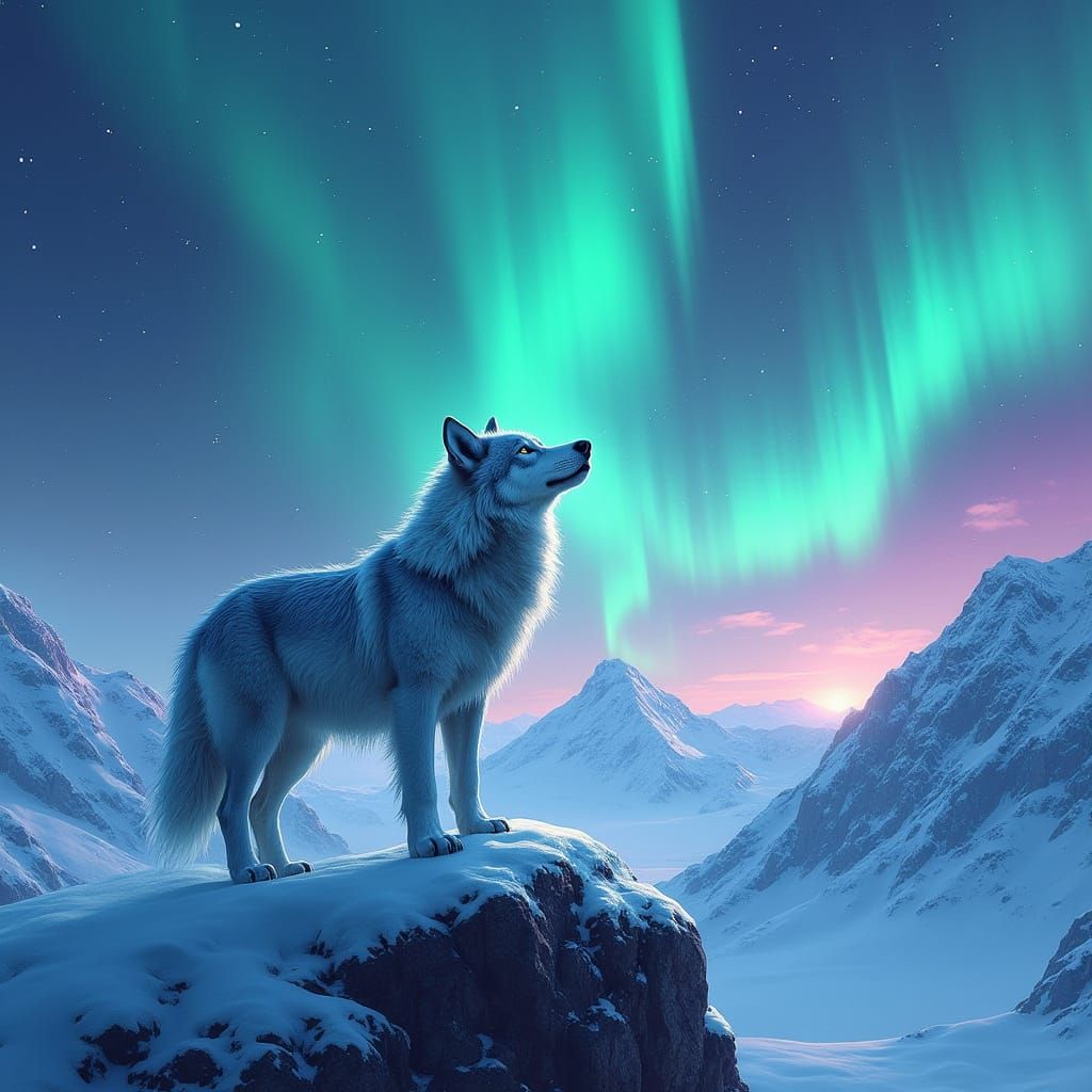 Majestic Wolf Stands Amidst Celestial Display in Dynamic Gra...