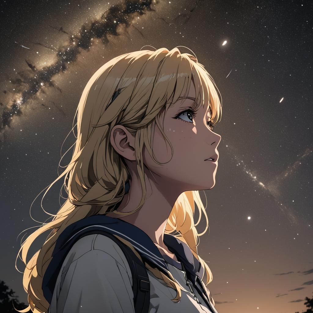 Melancholy Anime Girl Watches Falling Stars