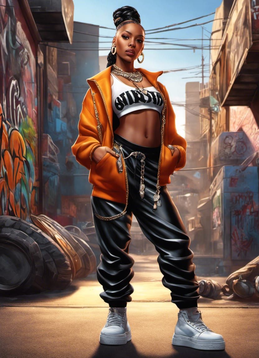 Female Rapper in Graffiti Alley: Photorealistic Digital Art