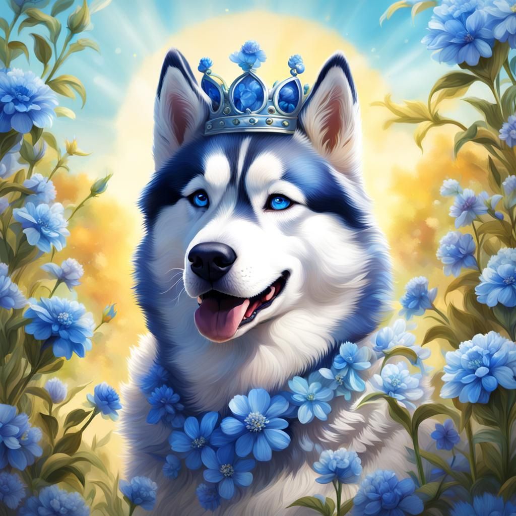 Smiling Husky with Blue Flower Crown, 8K