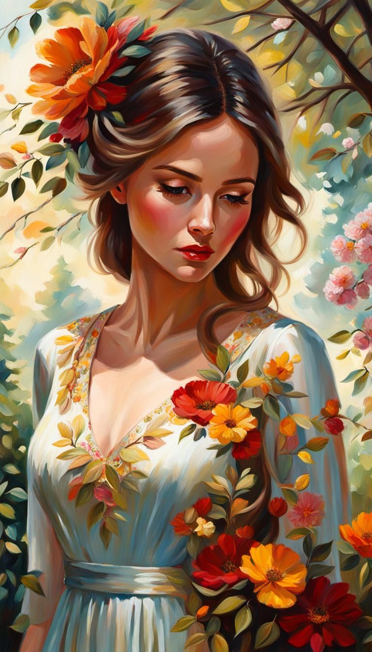 Acrylic painting. Medium shot. Woman in a flattery dress stands in a blooming garden. Warm sunlight filters through tree...