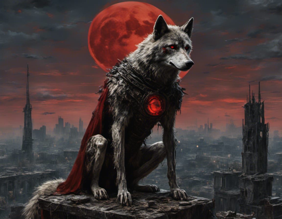 Scarred Wolf Superhero on Crumbling Building