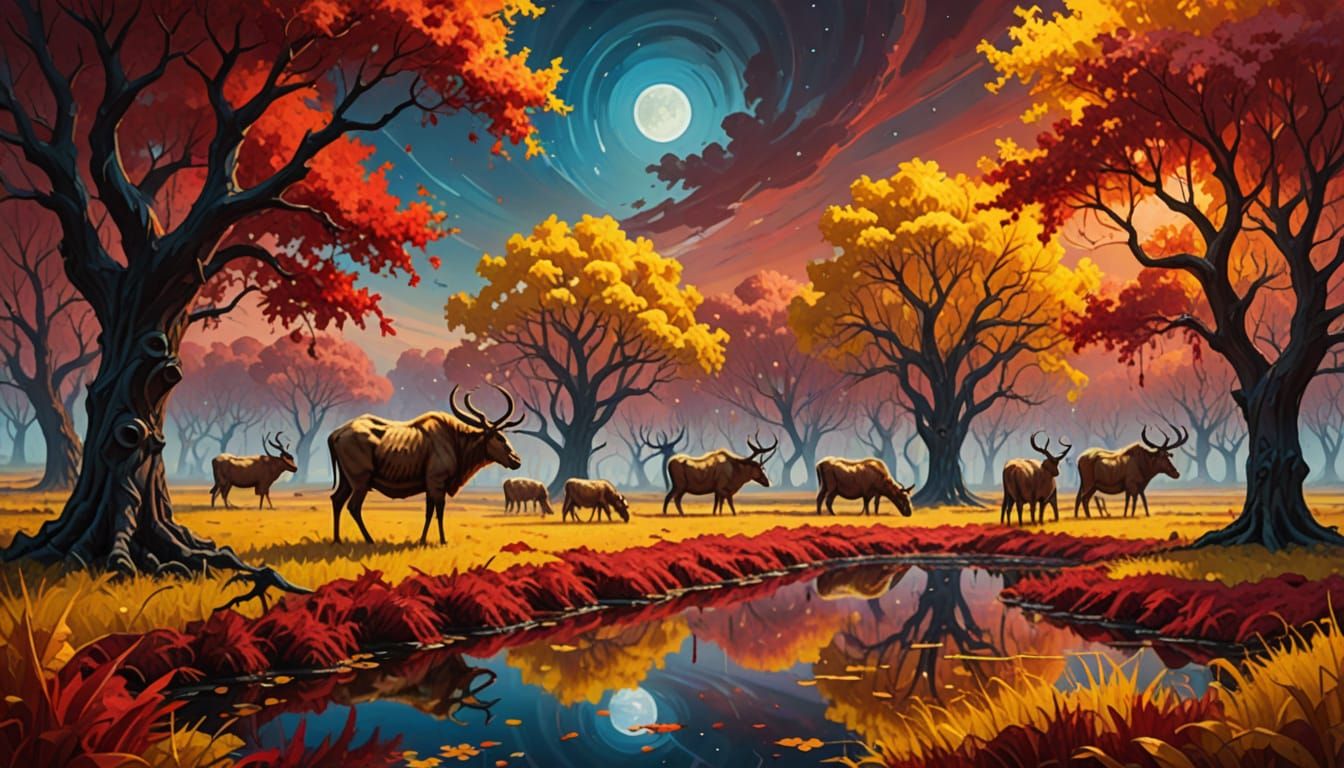 Surreal Alien Landscape with Grazing Creatures