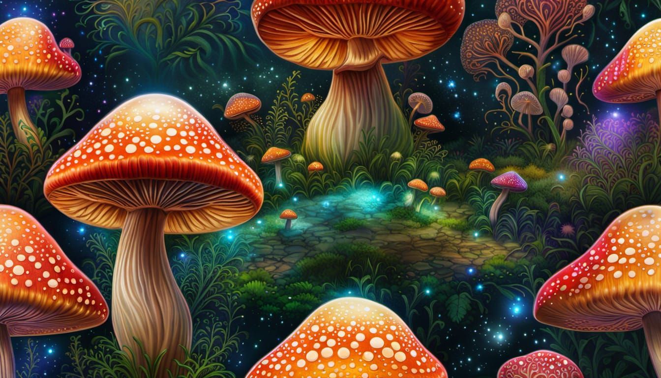 Celestial Mushroom Forest: Hyper-Realistic Digital Painting