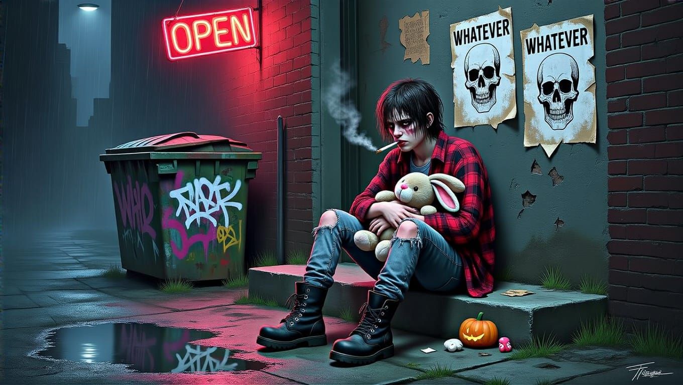 Gritty Grunge Teen in Rainy Alleyway