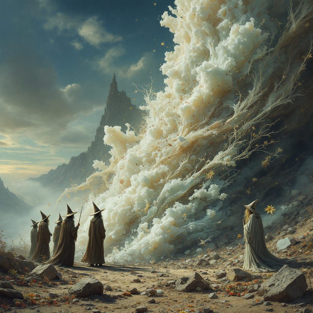 Wizards Gather Around Opal in Surrealist Style