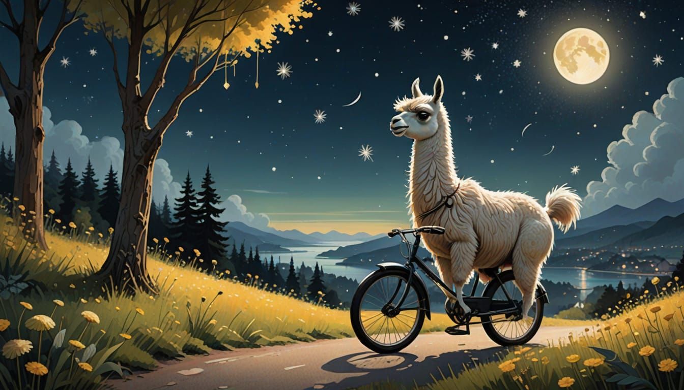 Whimsical Llama on a Starry Night Ride