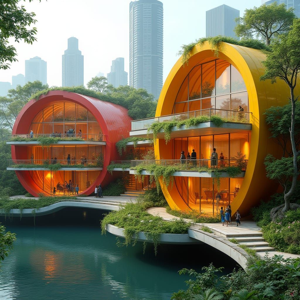 Futuristic Organic Complex in Vibrant Red and Yellow Plastic