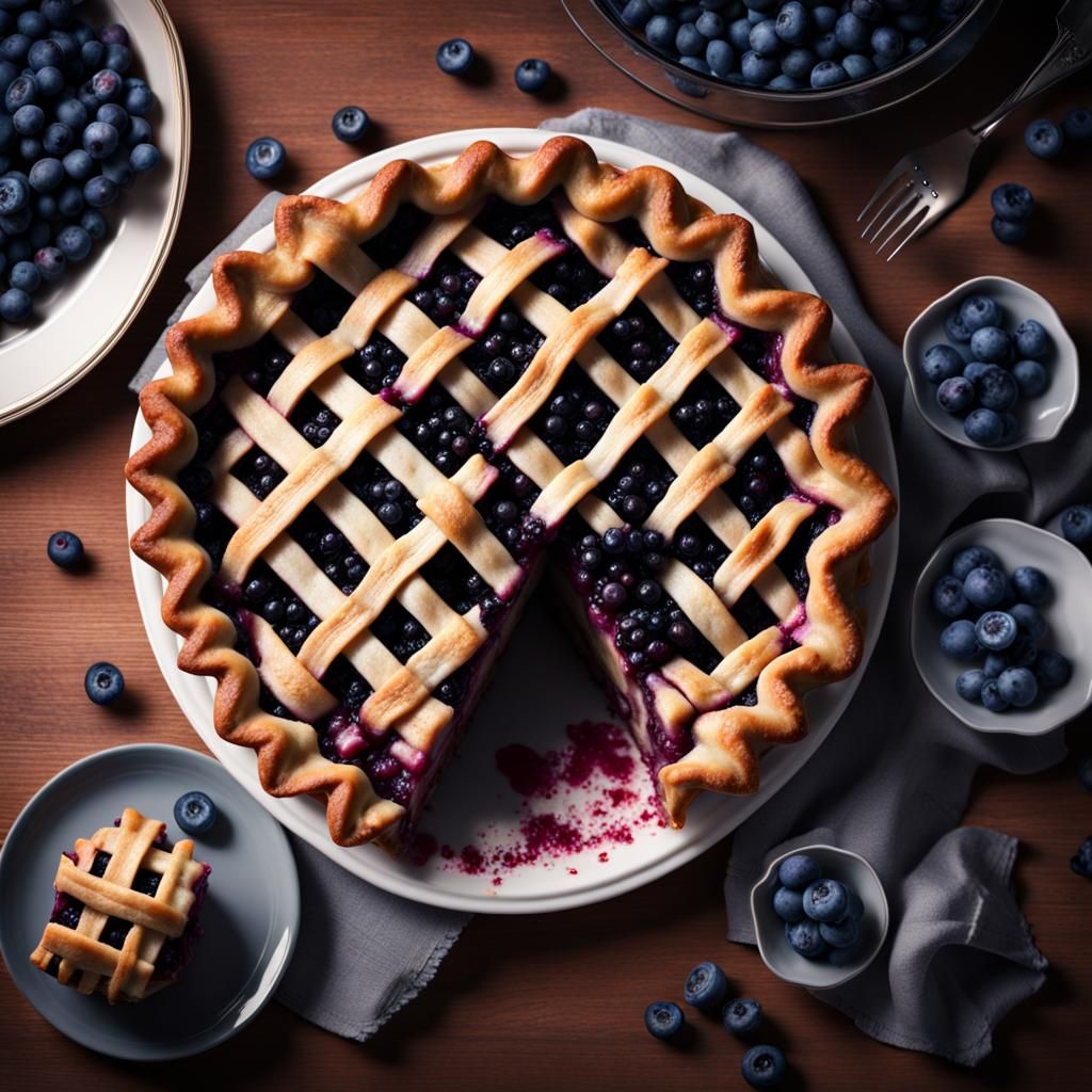 Fresh Blueberry Pie on Table, Digital Matte Painting