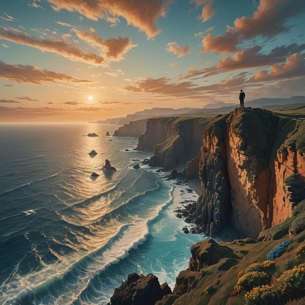 Cliffside Figure Overlooking Sea in Fantasy Style