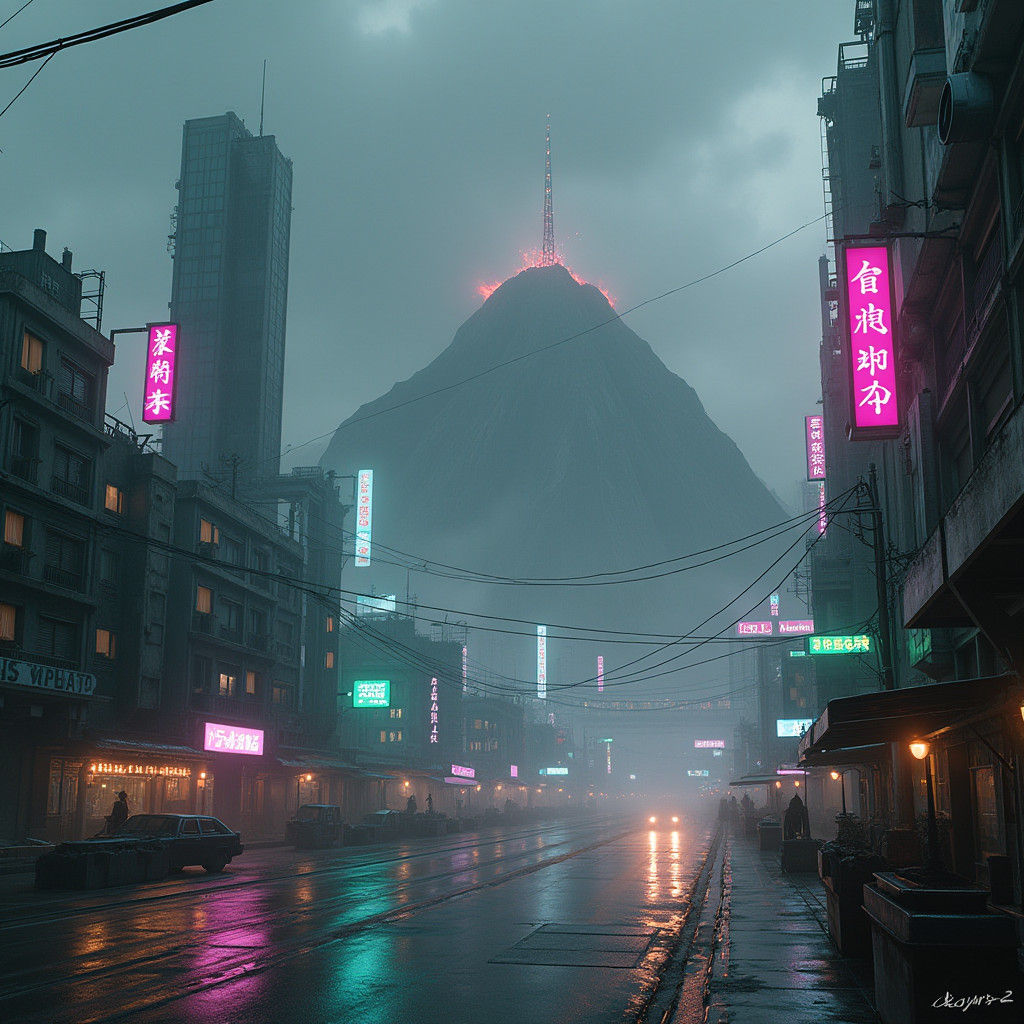 Cyberpunk Metropolis in Dormant Volcano Crater
