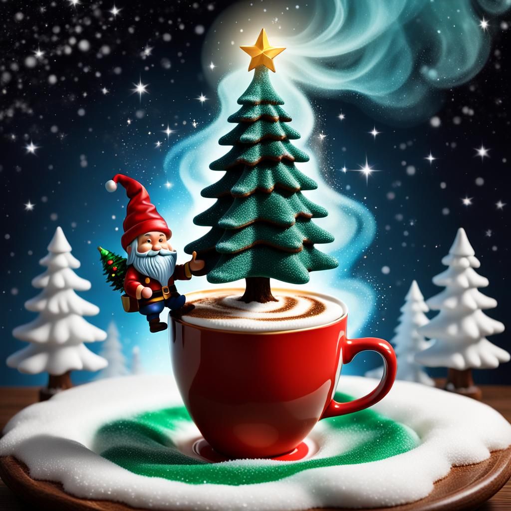 Magical Dwarf Sips Coffee in Winter Wonderland