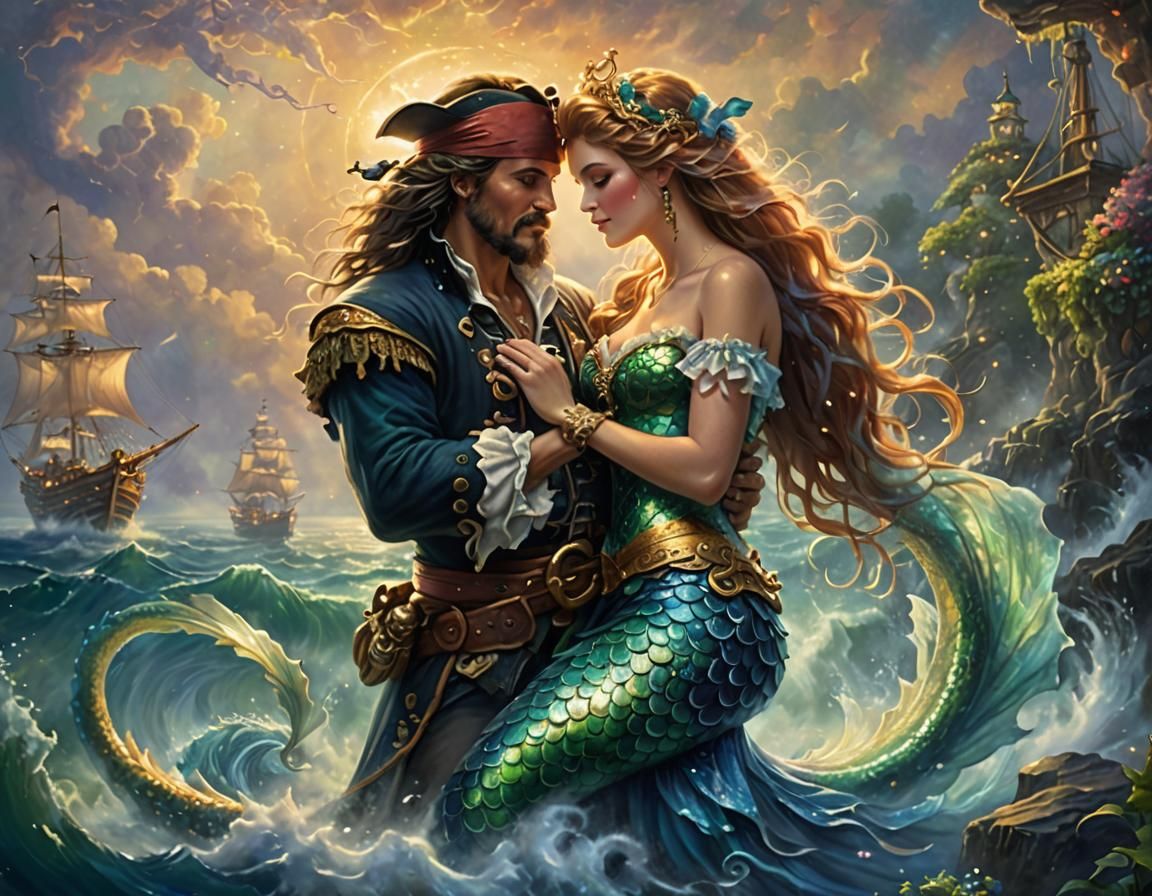 Pirate King and Mermaid Queen: Ethereal Fantasy Painting