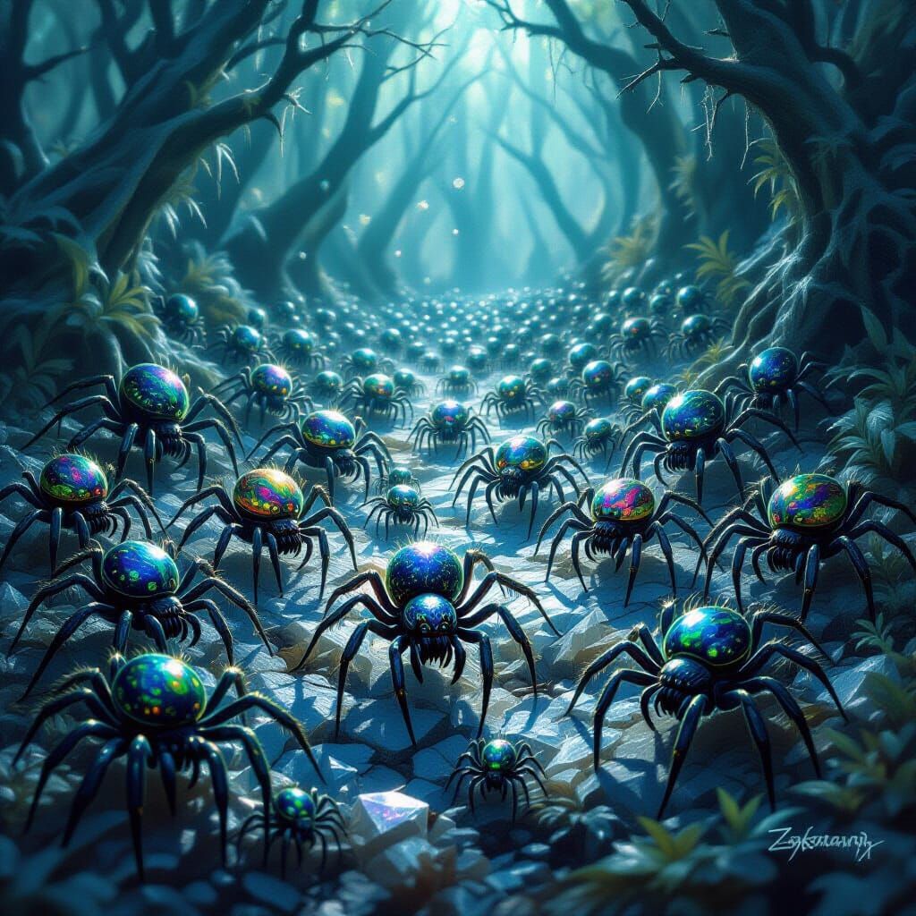 Jewel-Toned Spiders in a Crystalline Forest