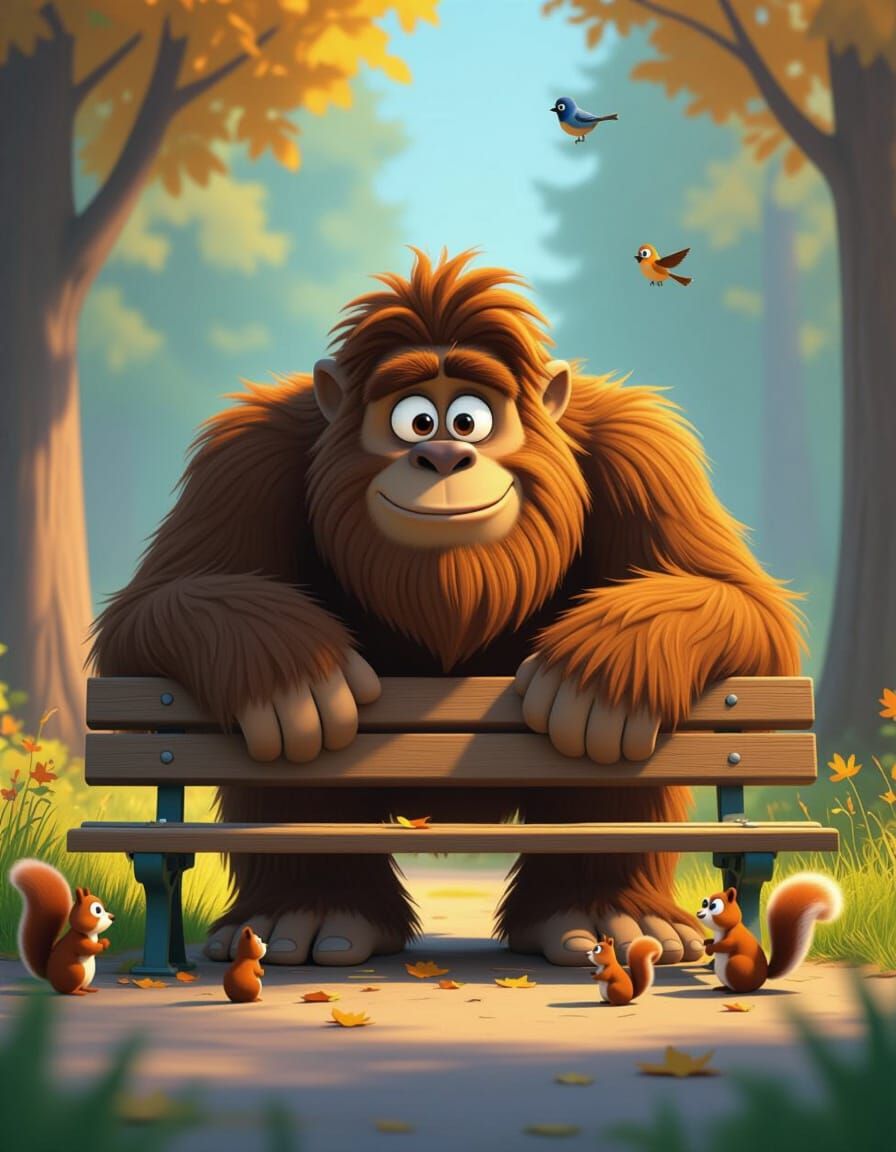 Pixar Bigfoot Peeks Nervously From Behind Tiny Bench