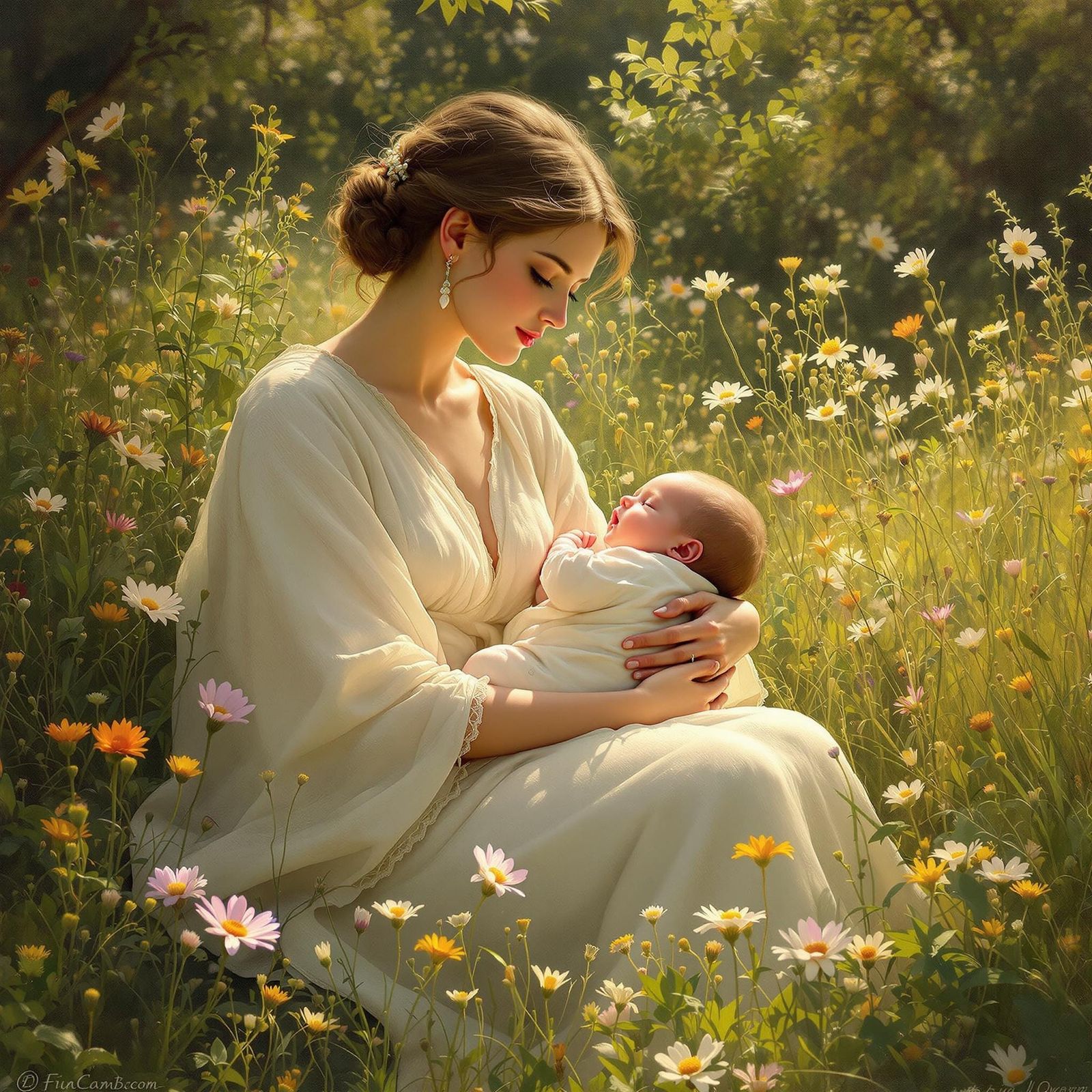 Radiant Mother and Child in Sun-Drenched Meadow