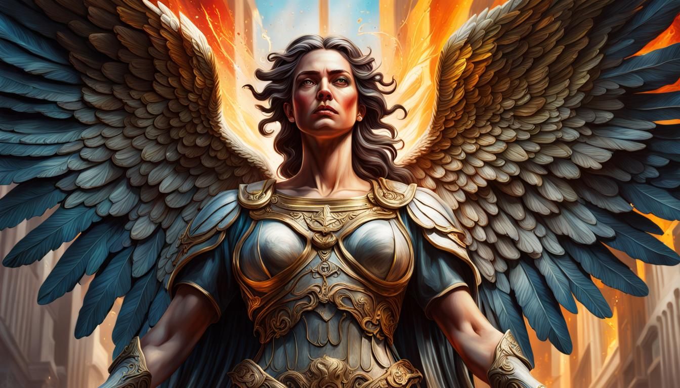 Hyperrealistic Angel of Justice with Colorful Background