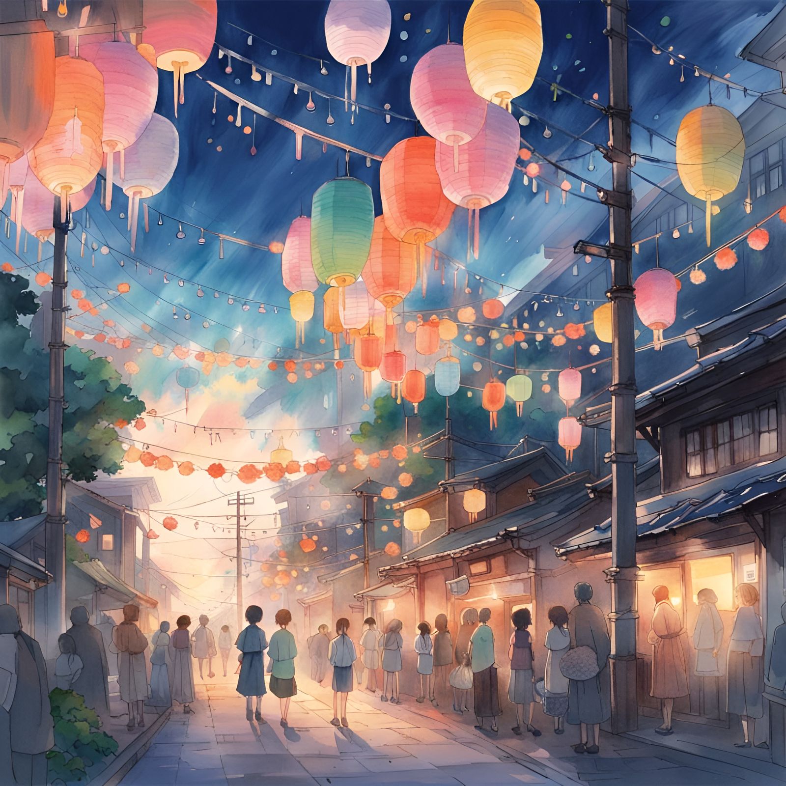 Tanabata Festival Watercolor Painting in Anime Style