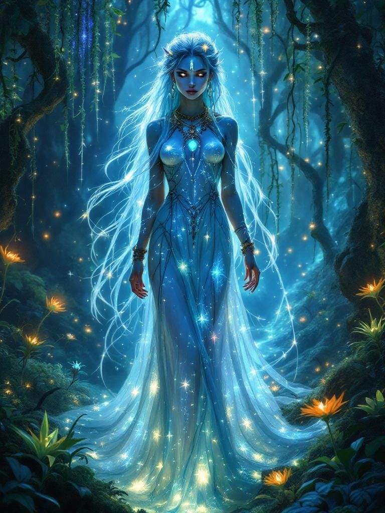 Ethereal Woman in Bioluminescent Forest, Fantasy Realism